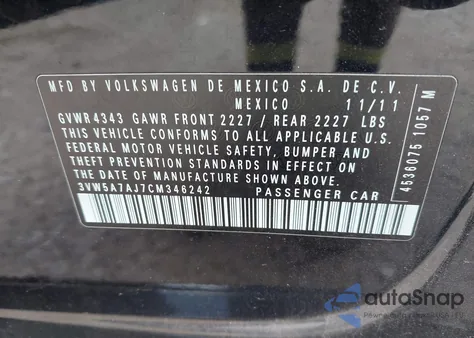 2012 Volkswagen Jetta Gli из США, поврежденный, VIN 3VW5A7AJ7CM346242